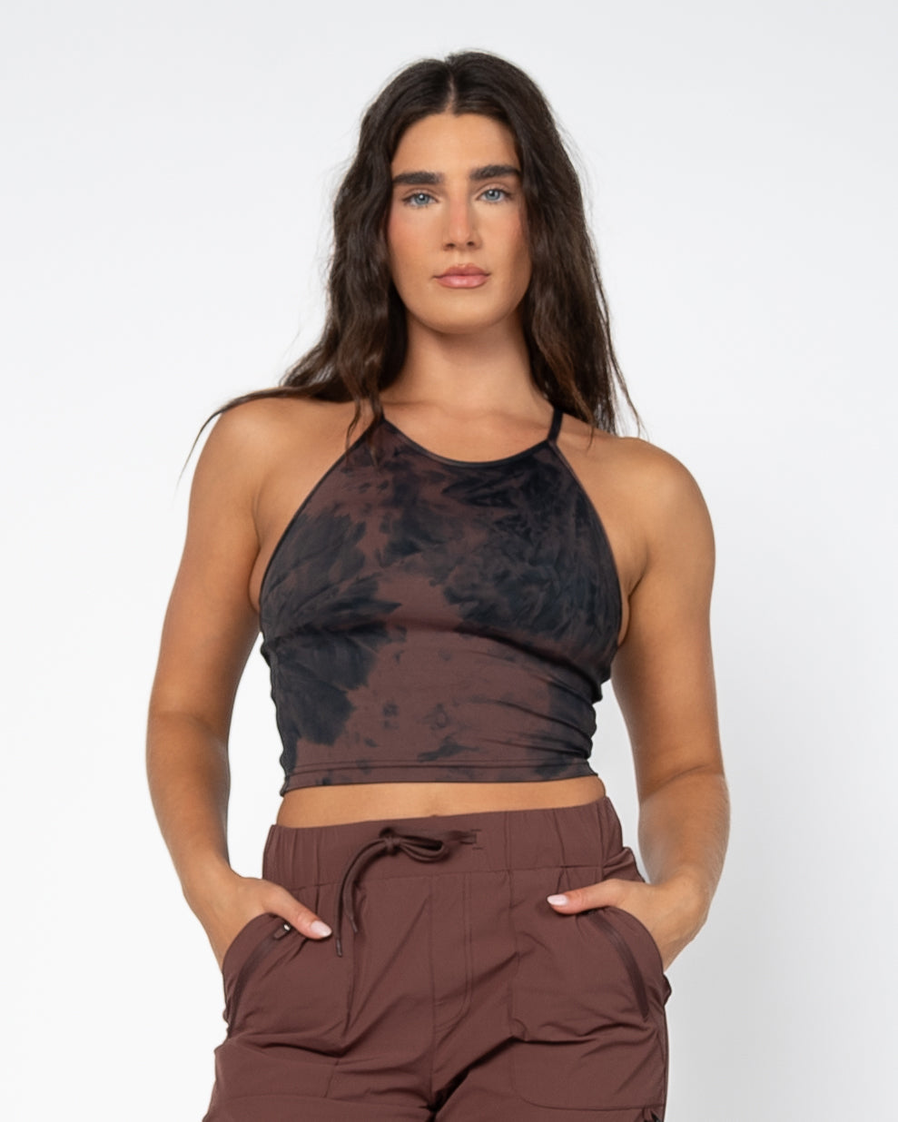 Lux Thin Strap Crop Tank - Fossil/Black Tie Dye