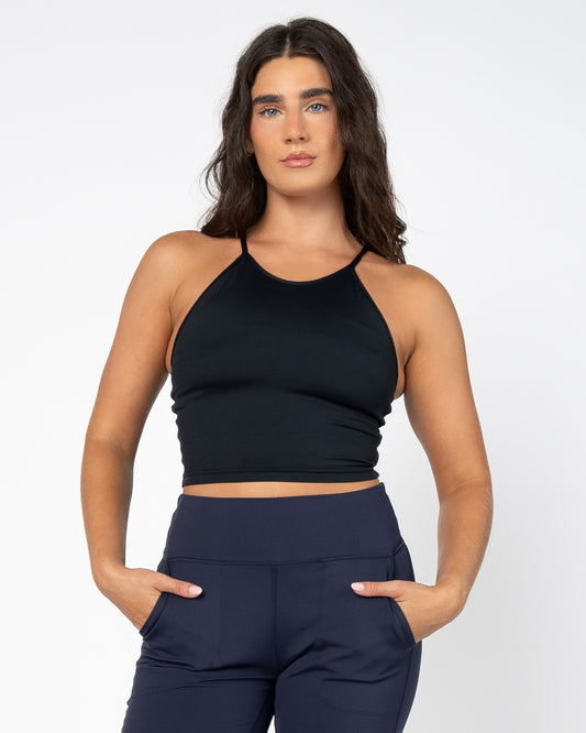 Lux Thin Strap Crop Tank - Black